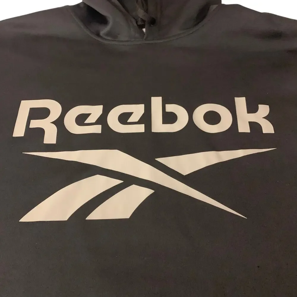 Reebok Mens Black Hooded Sweatshirt Size XXL Big Logo Spellout Gym Hoodie Lounge